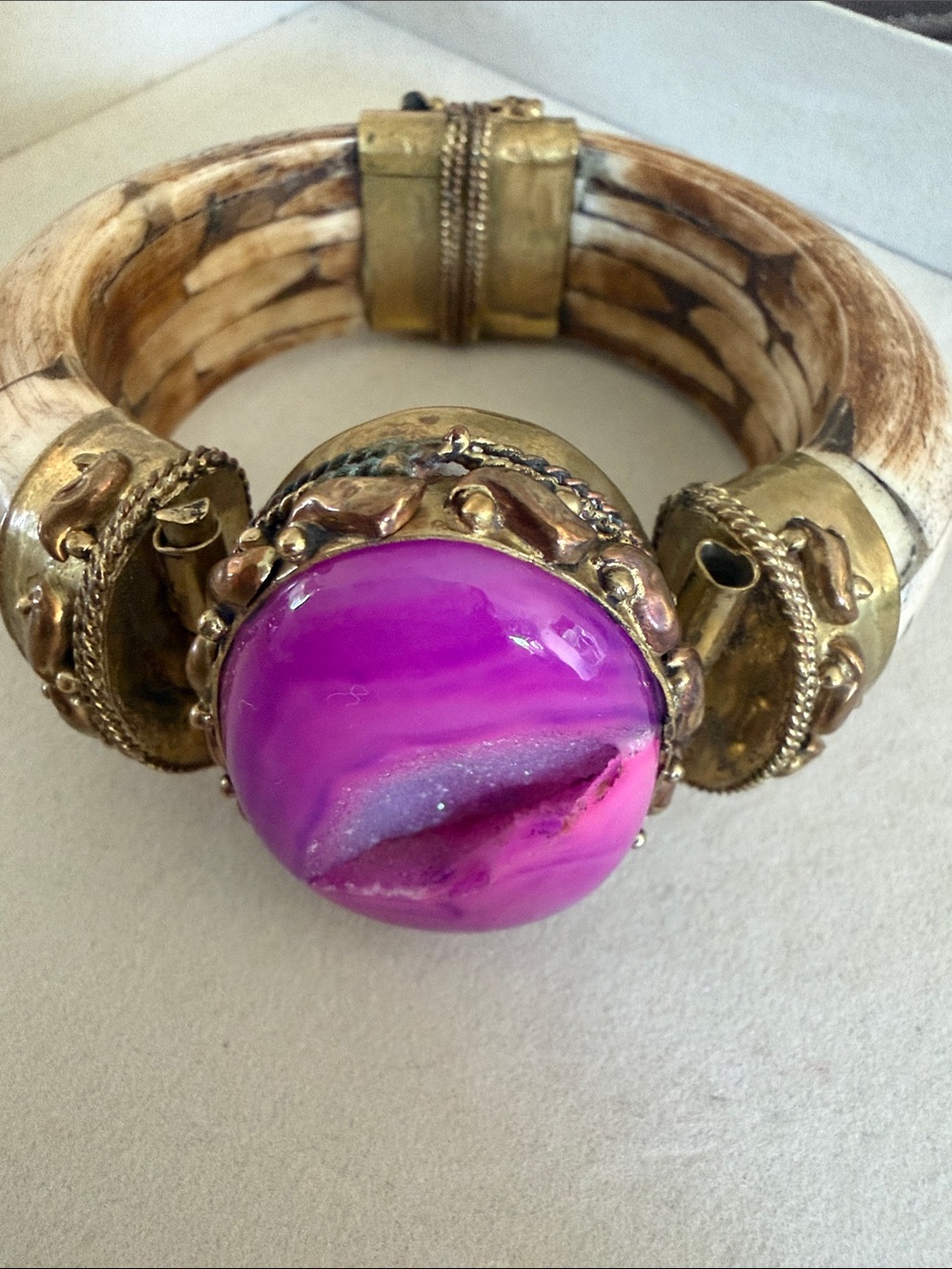 Gold Bangle Bracelet with Fuchsia Agate Statement Stone